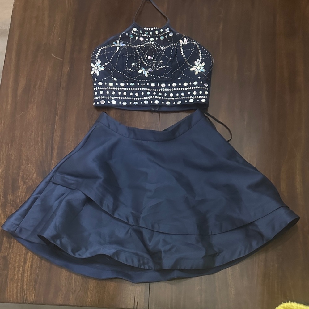 Navy Blue Embellished Two Piece Prom Set